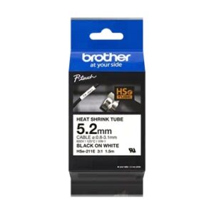 Brother HSE211E Cinta Tubo Termorretractil Original de Etiquetas para Cables - Texto negro sobre fondo blanco - Ancho 5.2mm x 1.5 metros - Cable recomendado Ø 0.8mm a 3.1mm