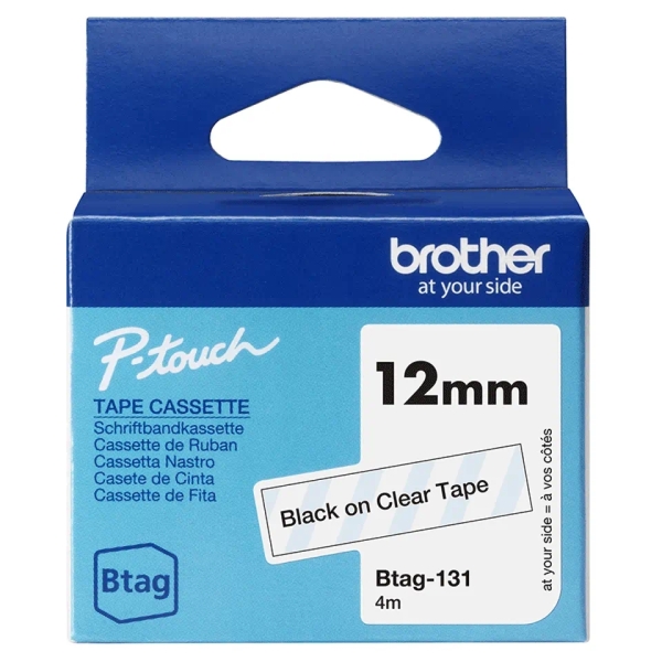 Brother Btag-131 Cinta 12mm - Texto Negro sobre Fondo Transparente - Medidas 12mmx4 Metros - Apta para PTN10, PTN20, PTN25BT