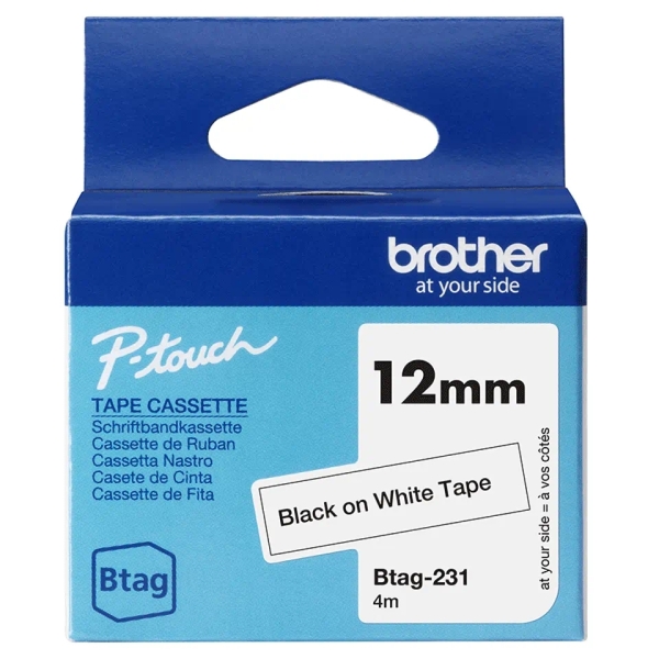 Brother Btag-231 Cinta 12mm - Texto Negro sobre Fondo Blanco - Medidas 12mmx4 Metros - Apta para PTN10, PTN20, PTN25BT