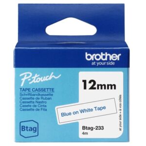 Brother Btag-233 Cinta 12mm - Texto Azul sobre Fondo Blanco - Medidas 12mmx4 Metros - Apta para PTN10, PTN20, PTN25BT