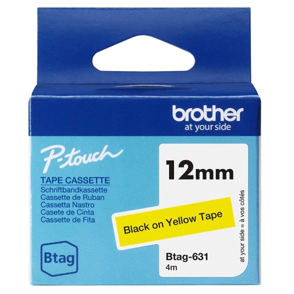 Brother Btag-631 Cinta 12mm - Texto Negro sobre Fondo Amarillo - Medidas 12mmx4 Metros - Apta para PTN10, PTN20, PTN25BT