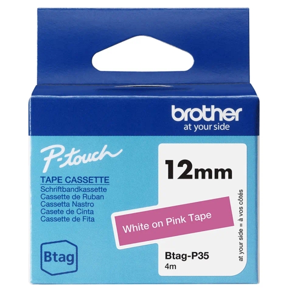 Brother Btag-P35 Cinta 12mm - Texto Blanco sobre Fondo Rosa - Medidas 12mmx4 Metros - Apta para PTN10, PTN20, PTN25BT
