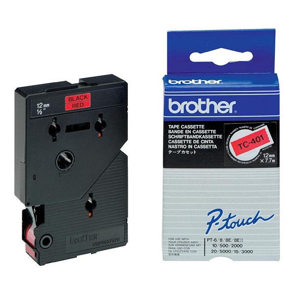 Brother TC401 Cinta Laminada Original para Rotuladora - Texto Negro sobre Fondo Rojo - Ancho 12mm x 7 metros