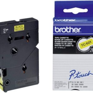 Brother TC601 Cinta Laminada Original para Rotuladora - Texto Negro sobre Fondo Amarillo - Ancho 12mm x 7 metros