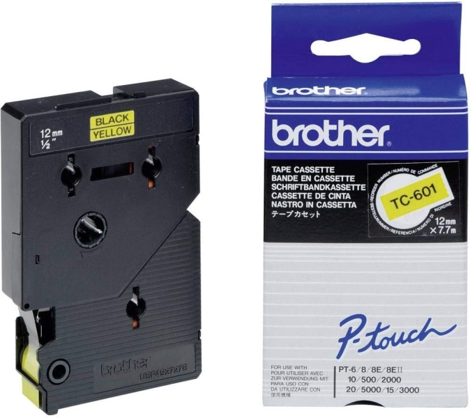 Brother TC601 Cinta Laminada Original para Rotuladora - Texto Negro sobre Fondo Amarillo - Ancho 12mm x 7 metros
