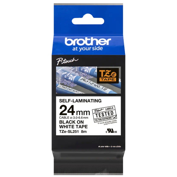 Brother TZeSL251 Cinta Autolaminada Original - Texto Negro sobre Fondo Blanco - Ancho 24mm x 8 metros
