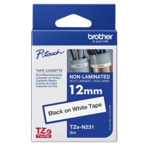 Brother TZEN231 Cinta No Laminada Original - Texto Negro sobre Fondo Blanco - Ancho 12mm x 8 metros