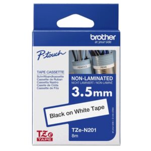 Brother TZEN201 Cinta No Laminada Original - Texto Negro sobre Fondo Blanco - Ancho 3.5mm x 8 metros